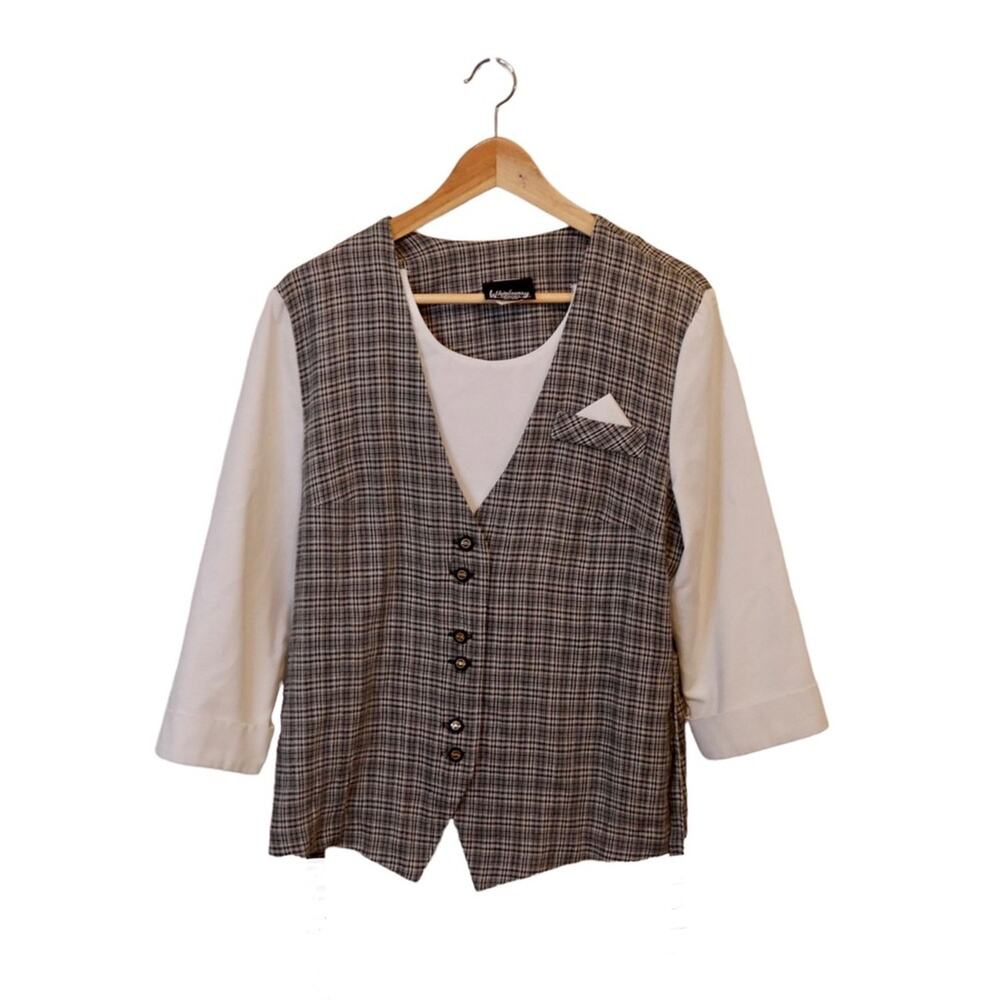 Vintage 80s Whirlaway Frocks Checkered Vest Blouse With Shoulder Pads 10P